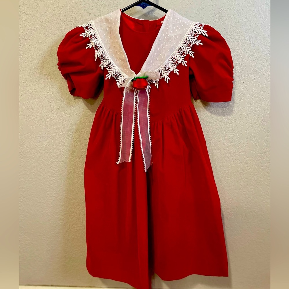 Vintage Jo Lene Red Velvet Dress with white lace, size 5